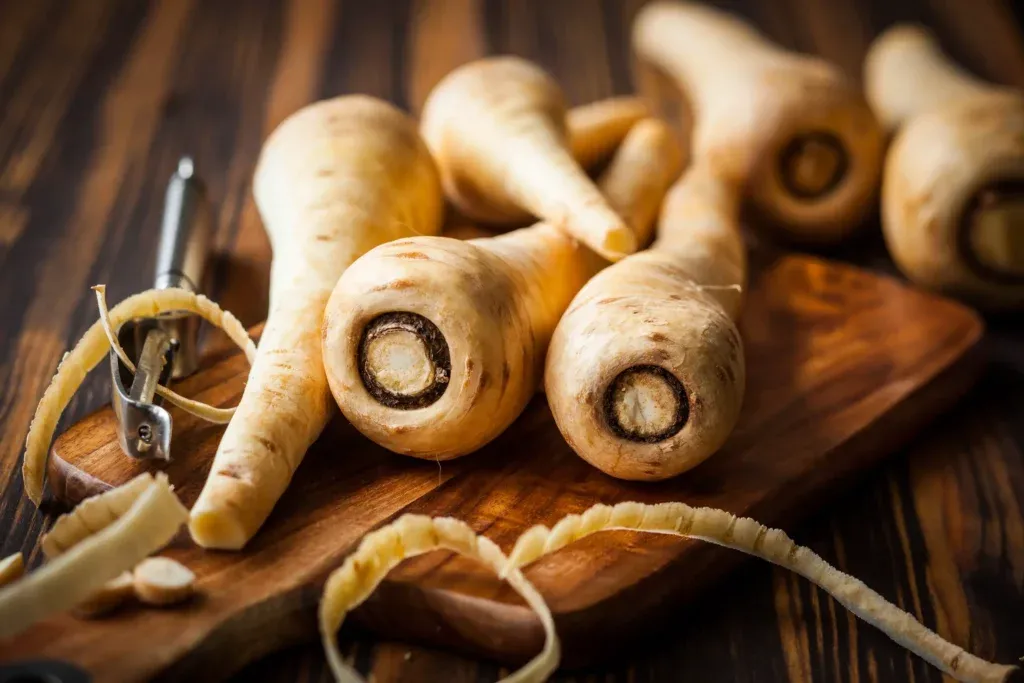 A peeled parsnip ready for making simple syrup.